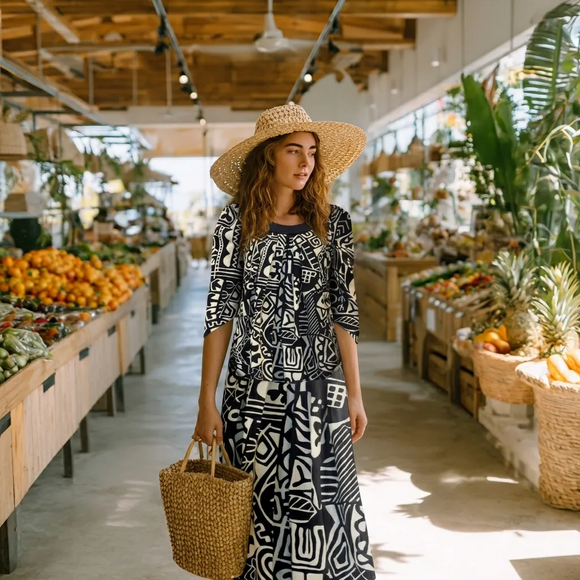 Midnight Tribal Muumuu Dress with Black Collar / MR144
