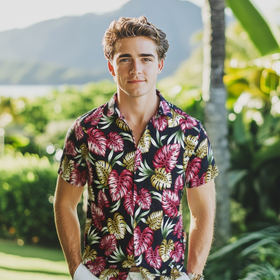 Monstera Leaf Hawaiian Shirt  Black and Red