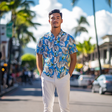 Light Grey Monstera Leaf Hawaiian Shirt  Blue and Grey