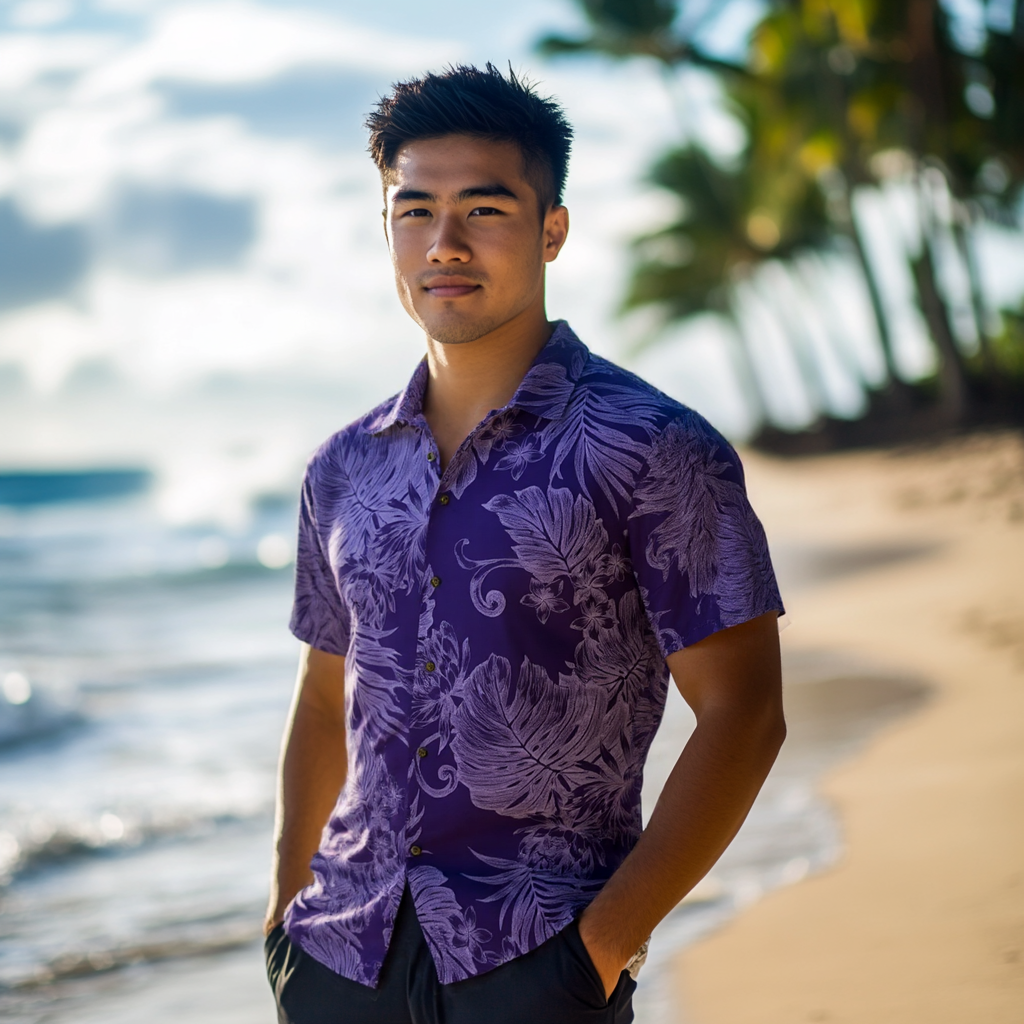 Monstera and Palm Leaf Purple Hawaiian Shirt