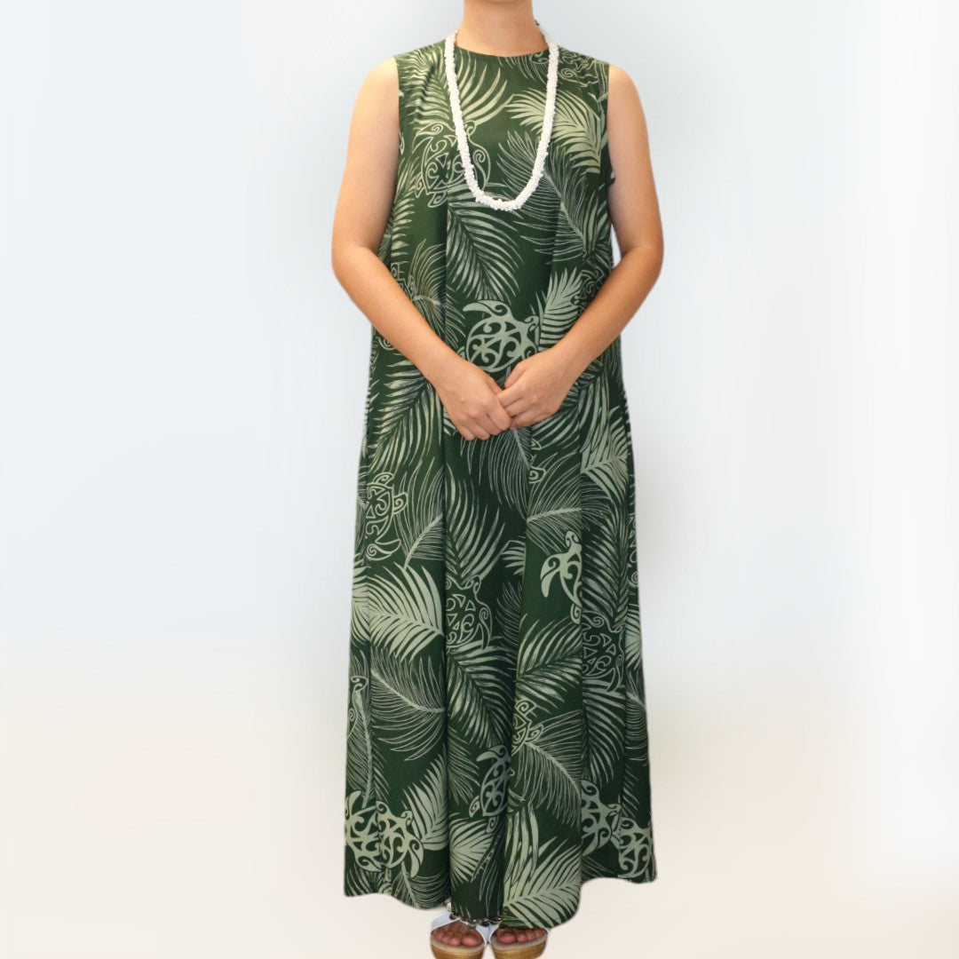 MonsteraandTurtlePrintComfortableLongResortDress-Green