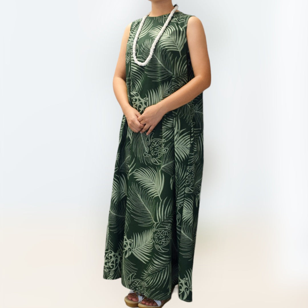 MonsteraandTurtlePrintComfortableLongResortDress-Green