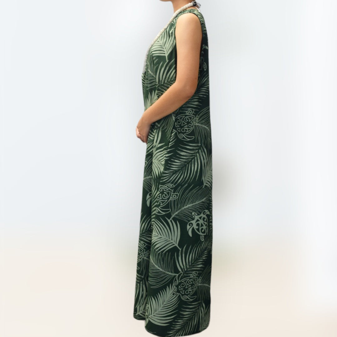 MonsteraandTurtlePrintComfortableLongResortDress-Green