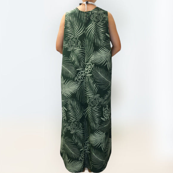 MonsteraandTurtlePrintComfortableLongResortDress-Green