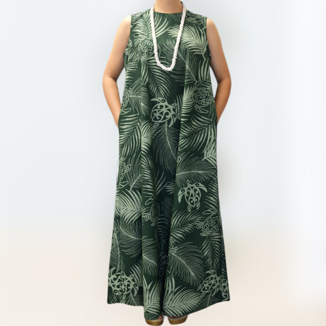 MonsteraandTurtlePrintComfortableLongResortDress-Green