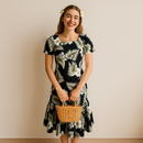 Muumuu Dress Black Hibiscus Cotton Mid Length