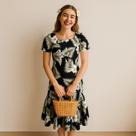 Muumuu Dress Black Hibiscus Cotton Mid Length