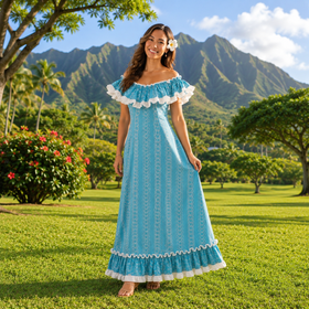 Buy aqua-blue Traditional Hawaiian Muumuu Train Dress – 2-Way Ruffle Neckline | Made in Hawaii
