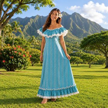 Buy aqua-blue Traditional Hawaiian Muumuu Train Dress – 2-Way Ruffle Neckline | Made in Hawaii