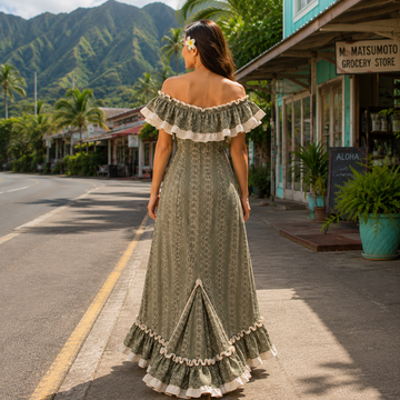 Traditional Hawaiian Muumuu Train Dress – 2-Way Ruffle Neckline | Made in Hawaii - 0