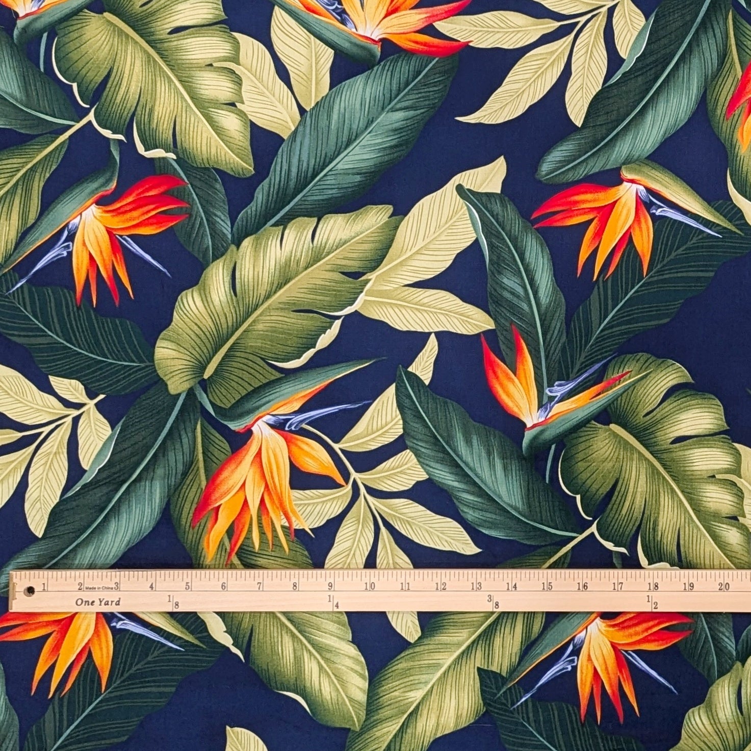 Navy Hawaiian Fabric with Birds of Paradise and Leaf Print