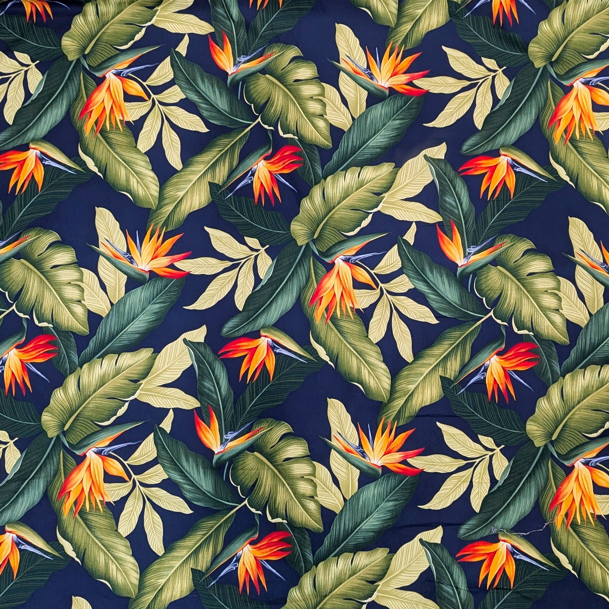 Navy Hawaiian Fabric with Birds of Paradise and Leaf Print