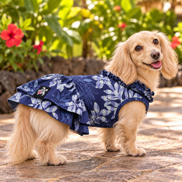 Navy Blue Hawaiian Quilt Print Dog Dress – Elegant Island Floral Design | Made in Hawaii