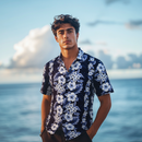Navy Blue Hibiscus Print Hawaiian Shirt-1