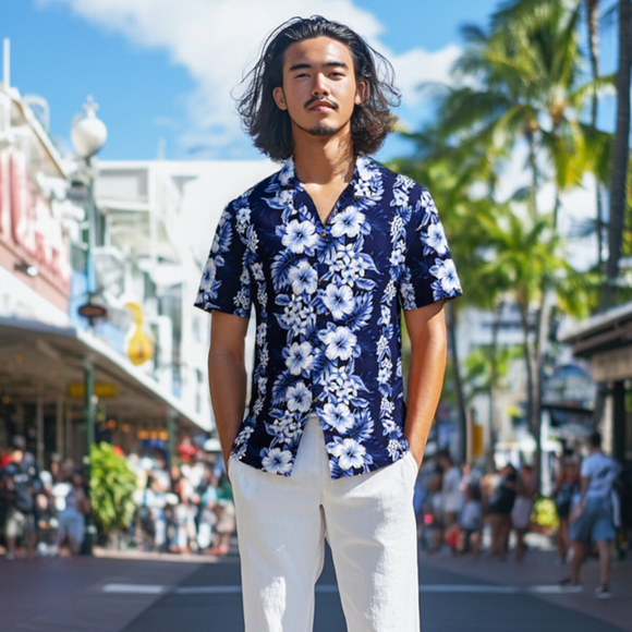 Navy Blue Hibiscus Print Hawaiian Shirt