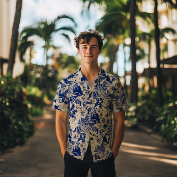 Navy Hawaiian Shirt with Pineapple and Hibiscus Print