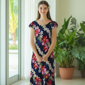 Navy Hibiscus Flare Sleeve Rayon Dress