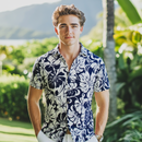 Navy Hibiscus and White Rayon Hawaiian Shirt