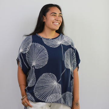 Navy Palm leaf print top