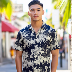 Navy Orchid and Plumeria Print Hawaiian Shirt