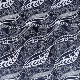 Navy Tribal Wave Monstera Hawaiian Fabric – Island Pattern Polycotton