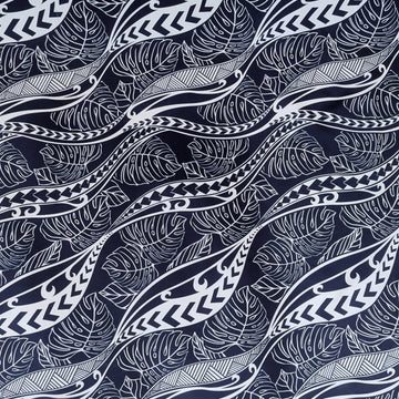 Navy Tribal Wave Monstera Hawaiian Fabric – Island Pattern Polycotton