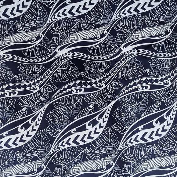 Navy Tribal Wave Monstera Hawaiian Fabric – Island Pattern Polycotton