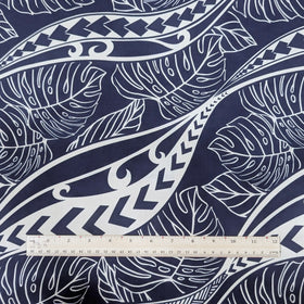 Navy Tribal Wave Monstera Hawaiian Fabric – Island Pattern Polycotton - 0