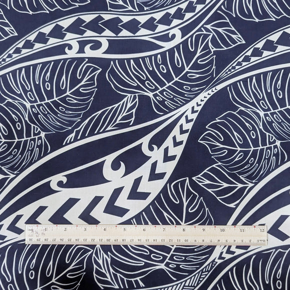 Navy Tribal Wave Monstera Hawaiian Fabric – Island Pattern Polycotton