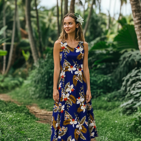 Orchid Floral Print Dress, Navy