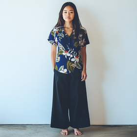 Orchid Floral Print Shirt  Navy