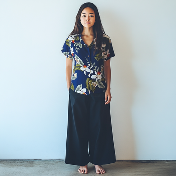 Orchid Floral Print Shirt  Navy