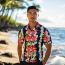 Orchid and Plumeria Hawaiian Aloha Shirt  Navy