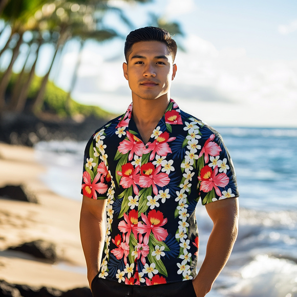 Orchid and Plumeria Hawaiian Aloha Shirt  Navy