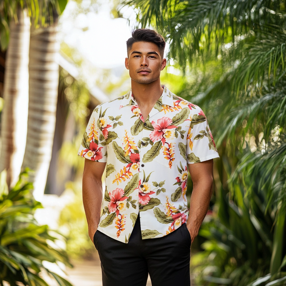 Orchid Print Rayon Hawaiian Shirt | Cream