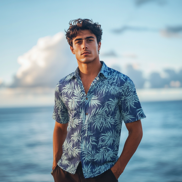 Hawaiian Vintage Style Shirt - Blue Palm Leaf