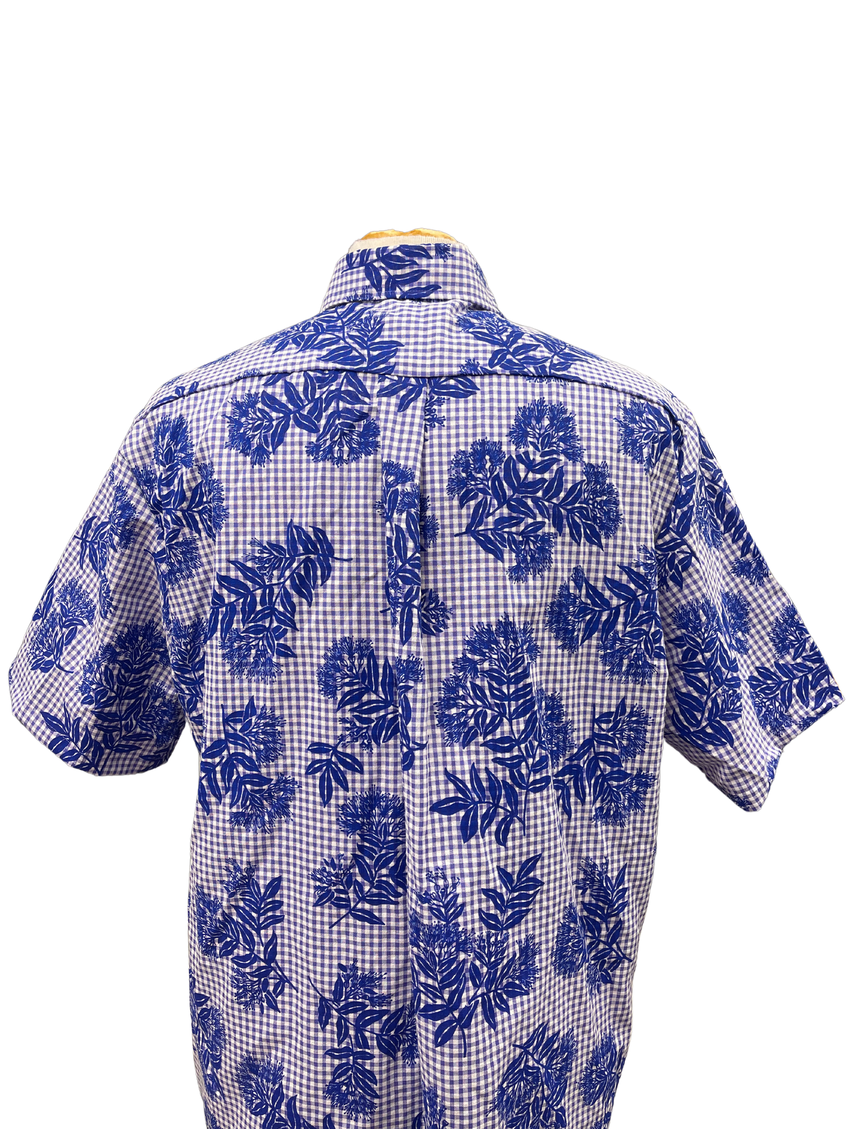 Mens Aloha Shirt l Hand Printed Blue Ohia Lehua on Lavender Gingham - 018