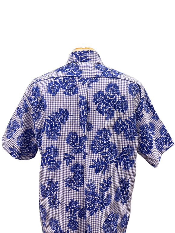 Mens Aloha Shirt l Hand Printed Blue Ohia Lehua on Lavender Gingham - 018