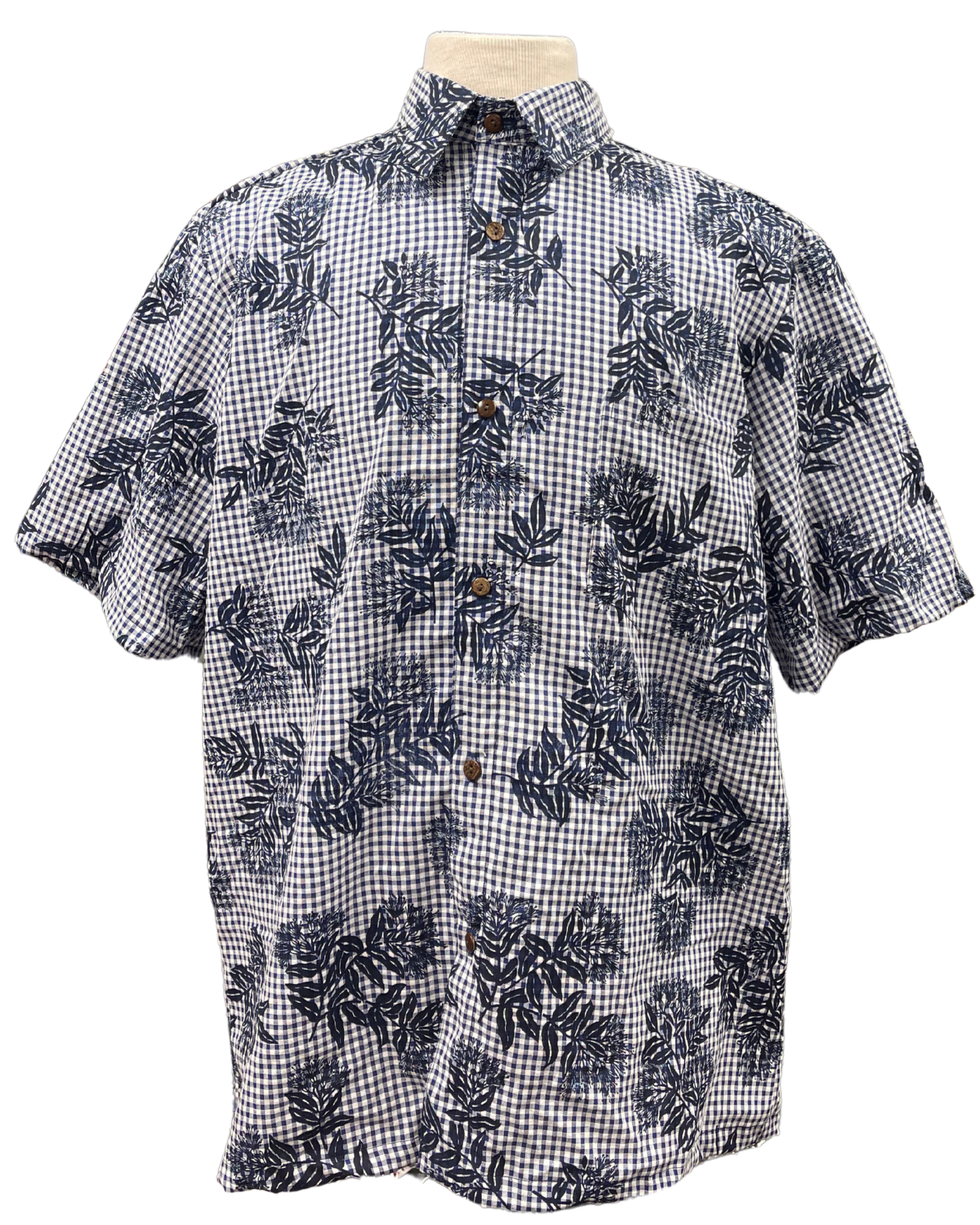 Mens Aloha Shirt Hand Printed Dark Navy