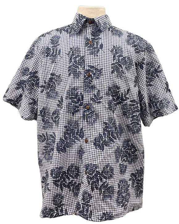 Mens Aloha Shirt Hand Printed Dark Navy