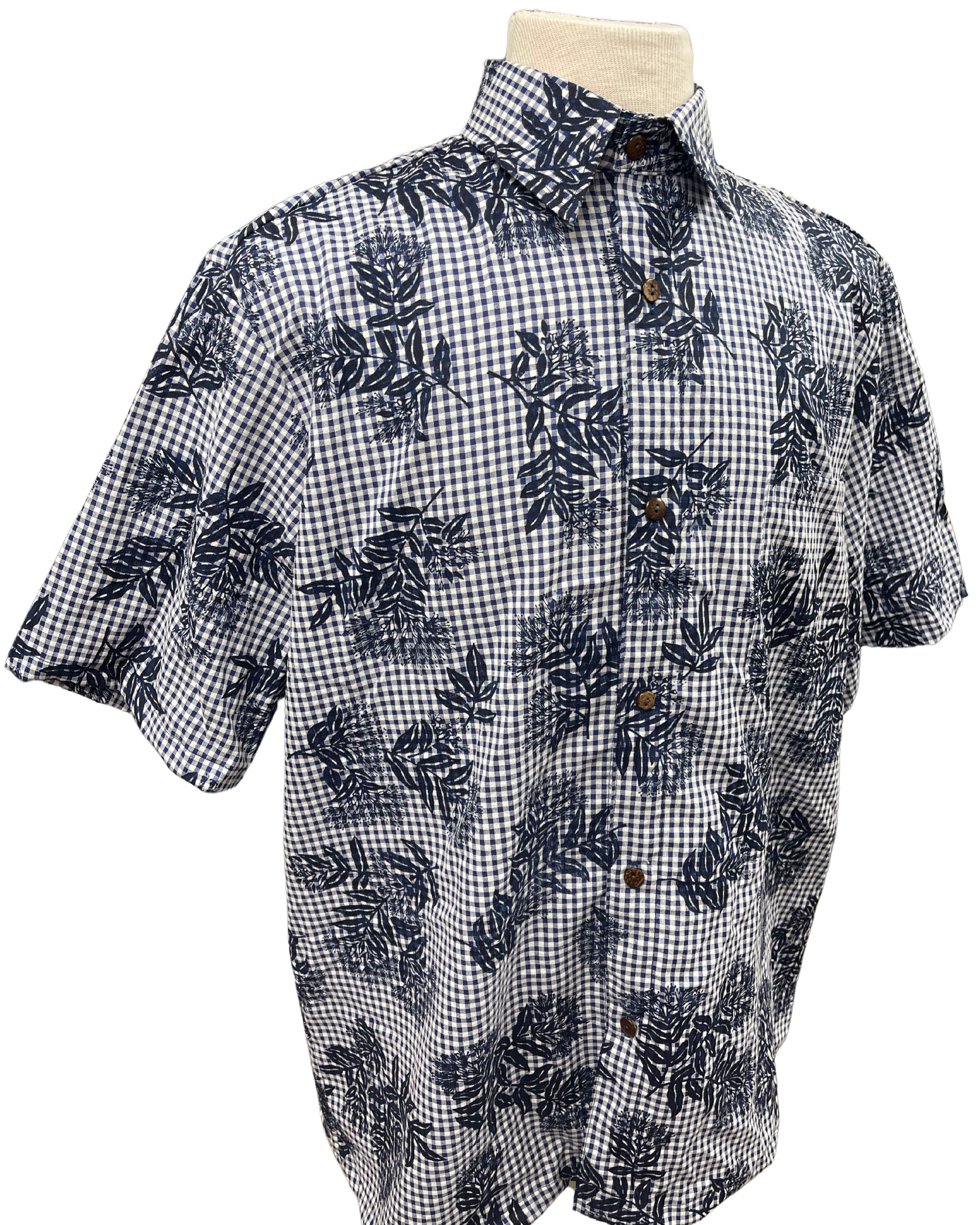 Mens Aloha Shirt Hand Printed Dark Navy