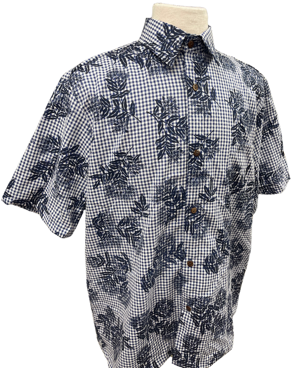 Mens Aloha Shirt Hand Printed Dark Navy