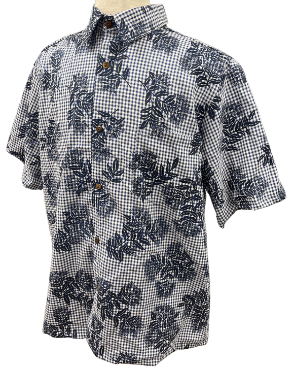 Mens Aloha Shirt Hand Printed Dark Navy