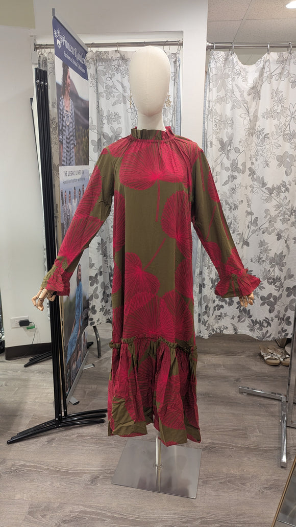 Long Sleeve Hawaiian Maxi Dress – High Neck & Ruffled Cuffs, Loulu Palm Leaf – PK Original Print