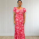 Pink Puff Sleeve Flower Hand Print Hawaiian Dress 