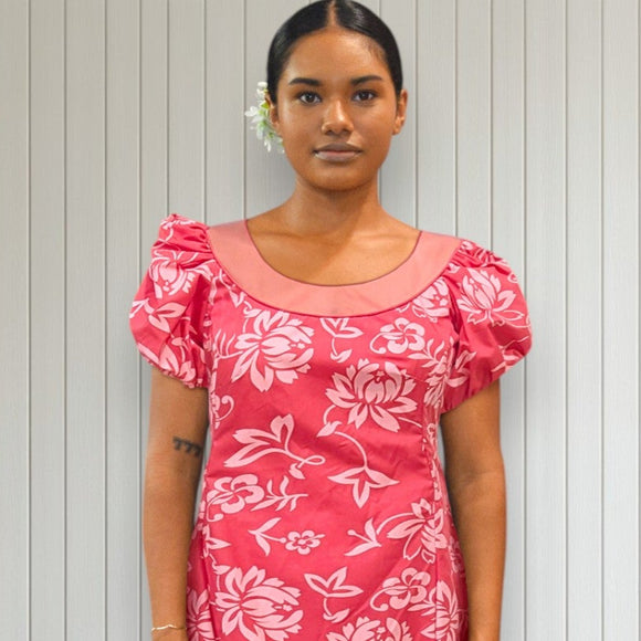 Pink Puff Sleeve Flower Hand Print Hawaiian Dress 