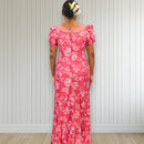 Pink Puff Sleeve Flower Hand Print Hawaiian Dress 