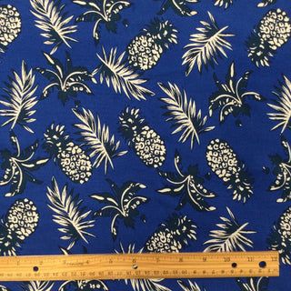 Pineapple and Palm Leaf Blue Rayon Hawaiian Fabric