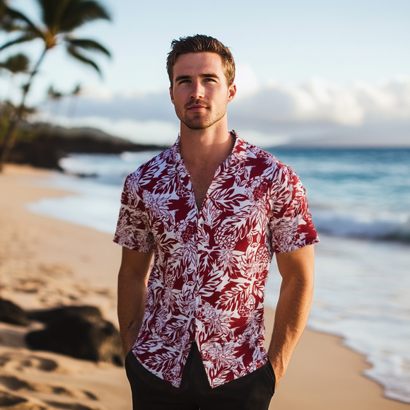 Pineapple Print Hawaiian Shirt  Red