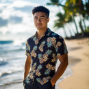 Pineapple and Orchid Vintage Inspired Rayon Hawaiian Shirt  Black